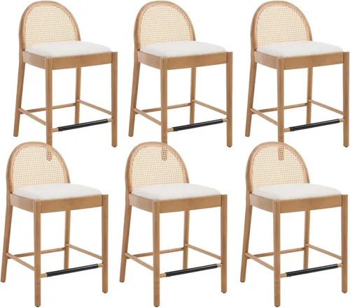 Miniatura 14 de HEAH-YO Taburetes de bar de ratán, juego de 2, taburetes de barra de 26 pulgadas de altura de mostrador con respaldos de ratán y patas de madera