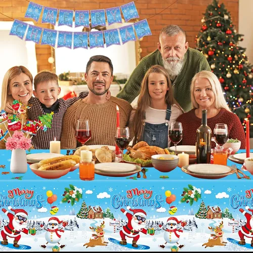 Miniatura 7 de 3 piezas de mantel de Navidad - Mantel de plástico de Papá Noel genial para Navidad, mantel rectangular desechable azul y blanco para decoración