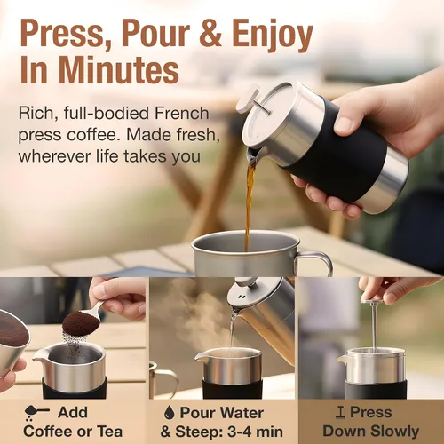 Miniatura 4 de Juego de cafetera de prensa francesa para camping, 12 onzas, cafetera de prensa francesa portátil de viaje, aislamiento de doble pared con filtros