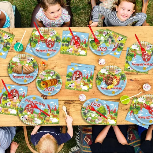 Miniatura 5 de gisgfim 96 piezas de suministros para fiesta de cumpleaños con tema de animales de granja, vajilla de granero, primer cumpleaños, platos de papel
