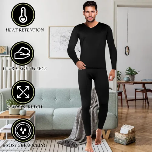 Miniatura 4 de Patelai Juego de 3 ropa interior térmica para hombre, capa base cálida de invierno, cuello en V, forro polar térmico para clima frío