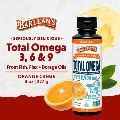 Miniatura 2 de Barlean's Total Omega 3 6 9 Orange Crème Suplemento de aceite de pescado líquido con borraja y aceite de linaza, 2,400 mg de Omegas EPA y DHA Plus