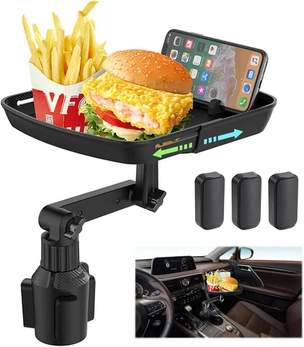 Bandeja de portavasos más grande para automóvil, bandeja de alimentos para automóvil de 10 pulgadas con soporte para teléfono, soporte desmontable 3