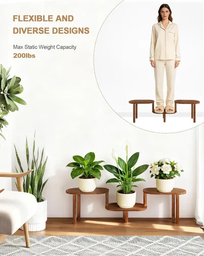 Miniatura 5 de Estante de plantas cóncavo de interior, soporte de plantas ovalado deformable de 3 niveles, soporte largo para macetas para múltiples plantas