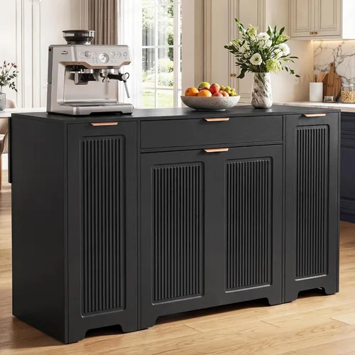 YITAHOME Expandable Kitchen Island with Hidden Trash Cabinet, 55.1" Rolling Kitchen Island with Drop Leaf, Storage Drawer & 3-Tier Side Shelves,