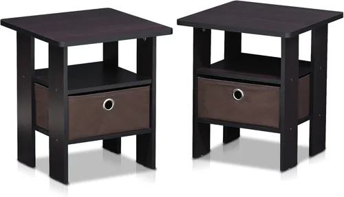 Miniatura 4 de Mesa de noche con cajón Furinno, Madera, Marrón oscuro Nogal oscuro
