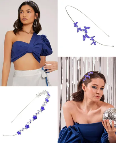 Miniatura 4 de Wecoe Diadema azul real con diamantes de imitación, diadema de flores para niña, diadema de metal de cristal para mujer, regalo de diadema de moda