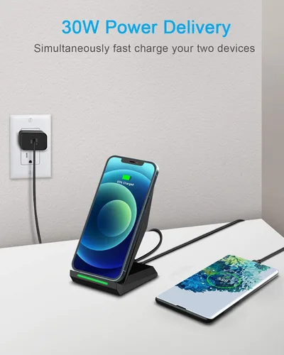 Miniatura 3 de Soporte de carga inalámbrico rápido, equipado con adaptador PD de 30 W, cargador de alta velocidad certificado Qi con puerto USB-A adicional Negro