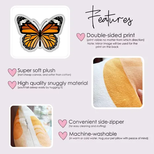 Miniatura 3 de Almohada de mariposa monarca, relleno de almohada suave con forma de decoración para dormitorio, sala de estar, habitación de niños, sofá, oficina