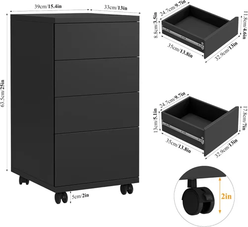 Miniatura 2 de BOTLOG Cajonera de 4 cajones, cajón móvil debajo del escritorio con ruedas con bloqueo, soporte de madera para impresora con ruedas, gabinete