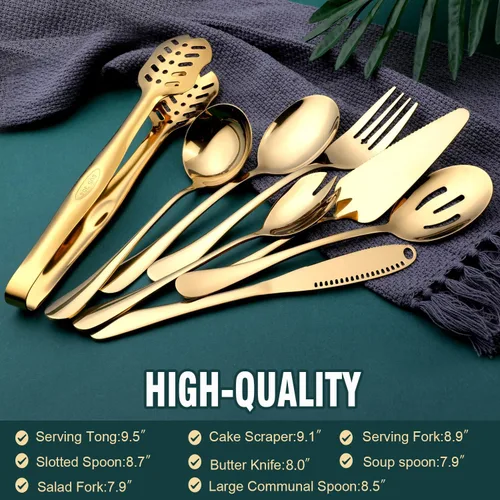 Miniatura 2 de Utensilios de Servicio Dorados, OGORI Juego de 8 Piezas de Cubiertos de Acero Inoxidable Pulido Incluye Cuchara de Servir, Cuchara Ranurada, Oro 8