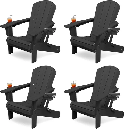Miniatura 32 de KINGYES Silla plegable Adirondack con portavasos dobles - Sillas de exterior de HDPE para todo clima, silla de patio tipo madera para el patio Negro
