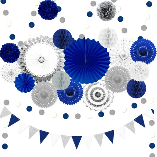 Miniatura 22 de 23 piezas de decoraciones de fiesta de cumpleaños azules para niños y hombres, bola de panal azul marino real azul claro, abanicos de papel