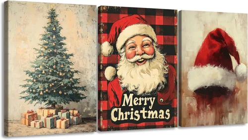 Miniatura 20 de Pennimor Lienzo decorativo para pared de Navidad, juego de 3 marcos de 12 x 16 pulgadas, decoración navideña a cuadros rojos y negros, póster