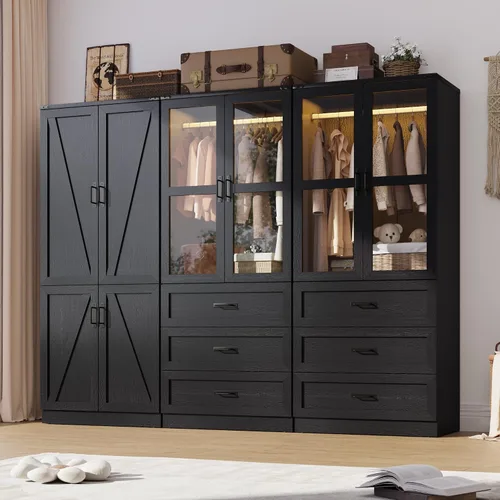 Miniatura 12 de Hlivelood Armario Ropero Estilo Granja de 75" de Alto con 2 Puertas con LED, Armario Independiente para Dormitorio con Barra para Colgar, Gabinete