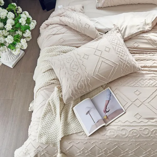 Miniatura 6 de Edredón con Mechones Tamaño King Juego de 3 Piezas Beige Boho Decoración de Dormitorio Estilo Granja para Todas las Estaciones Edredón Tamaño King