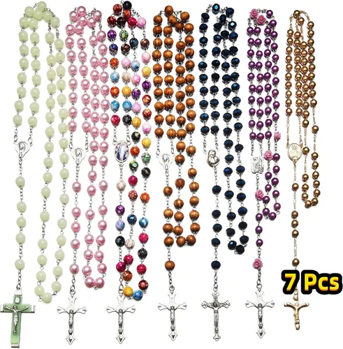 Miniatura 2 de SZQCZB 7 collares católicos con cuentas de rosario y 18 tarjetas sagradas, regalos de primera comunión católica, medalla y cruz de Our Rose Lourdes