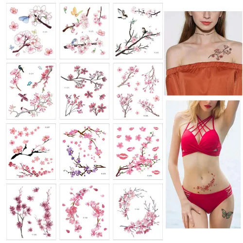 Glaryyears Tatuajes temporales de pájaros de flores, 12 hojas de flores de cerezo falsas calcomanías realistas para mujeres y niñas, arte corporal