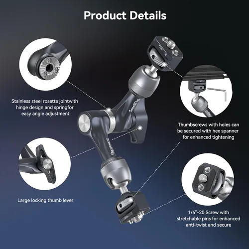Miniatura 5 de SMALLRIG Brazo mágico Rosette de 7", soporte para monitor de cámara, brazo articulado con tornillos de 1/4"-20 y pasadores antitorsión, capacidad