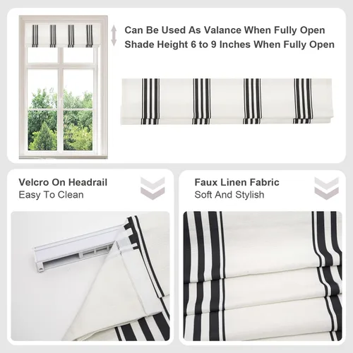 Miniatura 5 de Persianas romanas sin cordón, persianas romanas para ventanas con rayas negras de bloqueo total premium, persianas romanas personalizadas de tela
