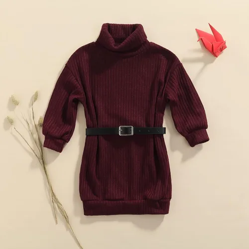Miniatura 2 de GOOCHEER Trajes de bebé niña con cuello alto, vestido de suéter de punto para niños, vestidos de manga larga acanalados sólidos + cinturón ropa