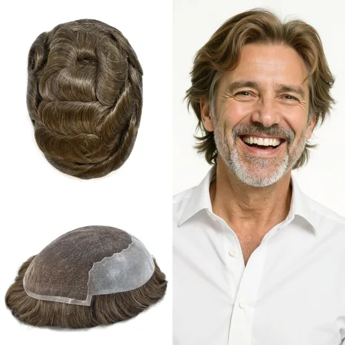 Miniatura 10 de Toupee - Sistemas de reemplazo de cabello para hombre, encaje frontal suizo, nudo blanqueado, pieza de cabello humano natural 1# negro azabache, 8 x