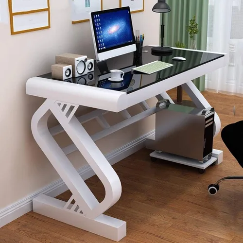 Miniatura 2 de JOYGOOD Escritorio para computadora con estantes, escritorio para el hogar, escritorio de trabajo de vidrio templado, escritorio simple