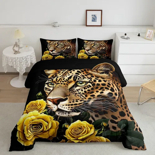Miniatura 18 de Erosebridal Juego de ropa de cama de guepardo con rosa azul, juego de edredón con estampado de leopardo y gato, edredón romántico de plumón