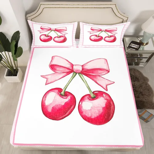 Miniatura 30 de Sábana bajera con lazo azul tamaño individual, juego de ropa de cama de princesa con cerezas, estrellas y flores margaritas de dibujos animados