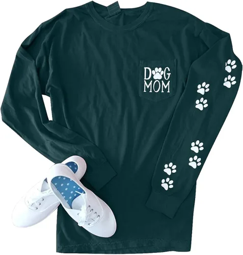 Camiseta de manga larga para mujer, diseño de pata de perro, diseño de perro y mamá, con estampado de lindo amigo, con bolsillo de parche