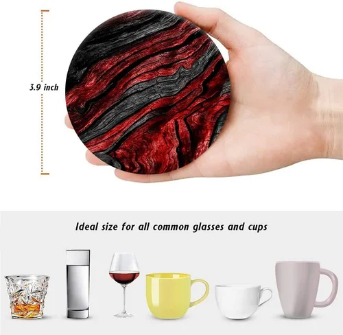 Miniatura 2 de HUXJOKO Juego de 6 posavasos de cerámica absorbente de grano de madera rojo y negro, tapete redondo de piedra, con base de corcho y soporte de metal