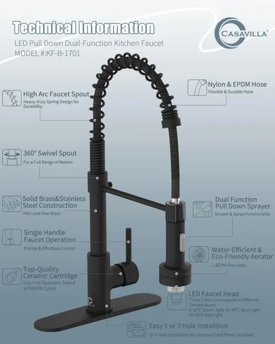 Miniatura 8 de Llave de cocina negra con luz LED, llave de cocina con dispensador de jabón, llave para fregadero de cocina, llave de cocina de acero inoxidable