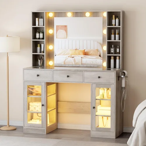 Miniatura 13 de Thacuok Tocador de maquillaje negro con espejo y luces, tocador de 34 pulgadas de ancho con estación de carga y gabinete de vidrio RGB, pequeño