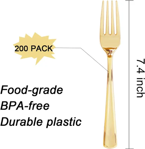 Miniatura 8 de Liacere 200 tenedores de plástico dorados, pesados, tenedores resistentes de 7.4 pulgadas, cubiertos de plástico dorado perfectos para fiestas