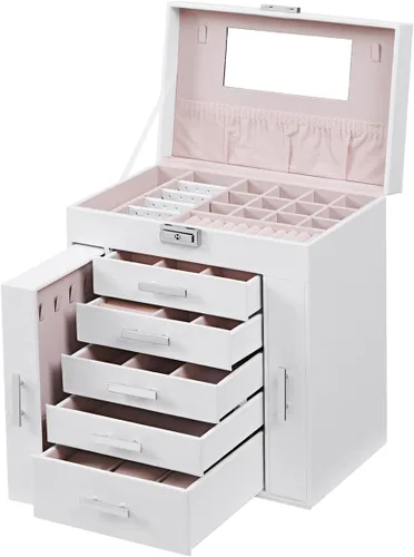 Miniatura 9 de ANWBROAD Caja organizadora de joyas Caja de joyería para mujer con cerradura de 6 niveles Caja de almacenamiento de joyería blanca para aretes
