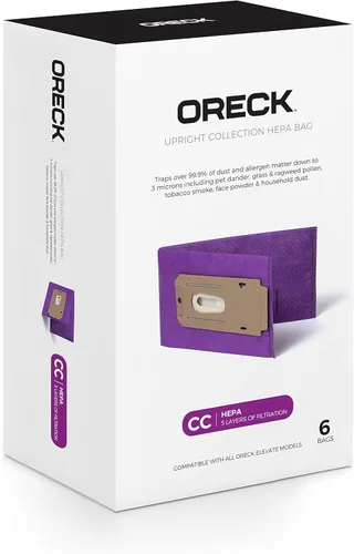 Oreck Bolsas de aspiradora para aspiradoras verticales, paquete de 6, morado, tipo CC, filtración Hepa, Parte # AK1CC6H, bolsas de vacío Oreck