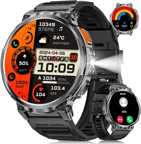 LIGE Reloj inteligente con marca/respuesta de llamada, pantalla HD de 1.85 pulgadas, relojes inteligentes con batería de 730 mAh, linterna, 120