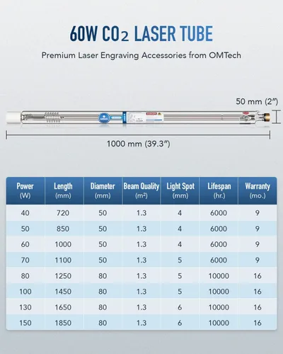Miniatura 3 de OMTech Tubo láser de CO2 de 60 W para grabador láser y máquina cortadora, tubo cortador láser de 39.370 in y 1.969 in de diámetro con cabeza