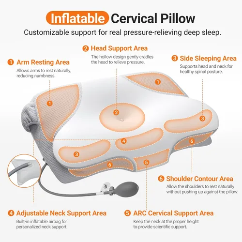Miniatura 3 de Almohada cervical inflable para dormir con soporte ajustable, almohada ergonómica de espuma viscoelástica para dormir, almohada de apoyo