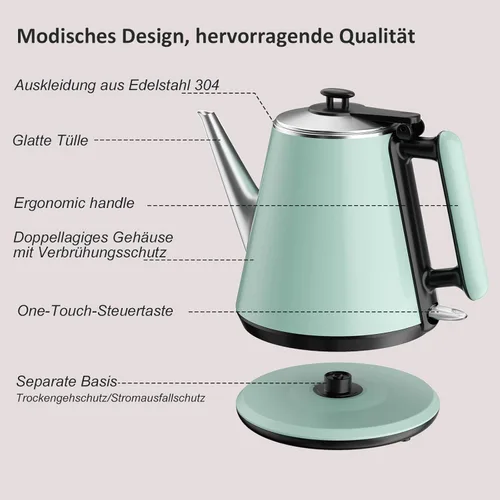 Miniatura 7 de Hervidor eléctrico pequeño de 0.9 L, acero inoxidable 304, 1000 W de ebullición rápida, diseño verde vintage, apagado automático, protección contra