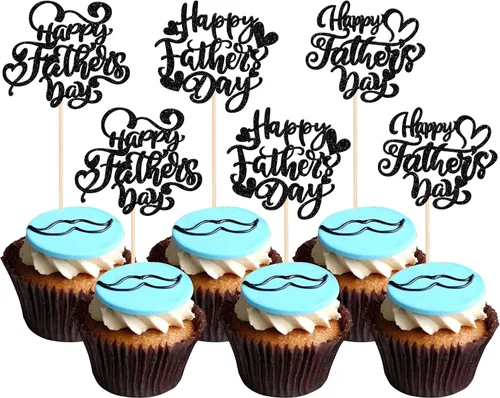 Miniatura 11 de Rsstarxi Paquete de 24 adornos para cupcakes con purpurina negra para el Día del Padre, para el Día del Padre, decoración de tartas, suministros