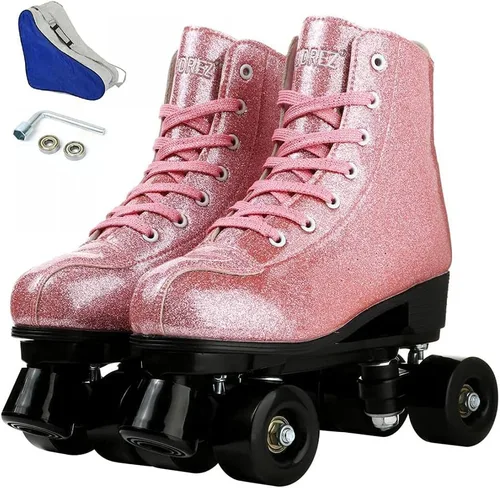 Patines clásicos de doble fila de cuero de doble fila para mujer, patines dobles de cuatro ruedas para exteriores, unisex