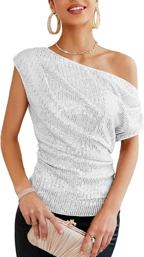 GRACE KARIN Blusas brillantes de lentejuelas de un hombro para mujer, con purpurina asimétrica fruncida, adelgazante, camisas de fiesta brillantes