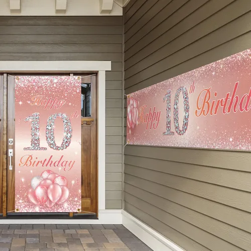 Miniatura 3 de Juego de carteles largos de feliz cumpleaños 10 para puerta, porche, decoración de cumpleaños de 10 años para niñas, suministros de fiesta