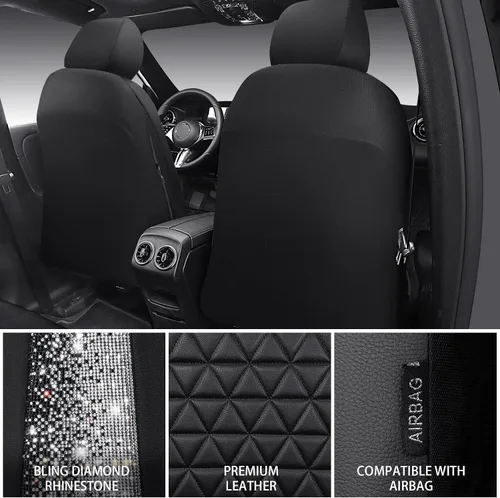Miniatura 4 de CAR PASS Fundas de asiento de automóvil de cuero con diamantes brillantes, juego de asientos interiores de asientos completos, impermeable, Plateado