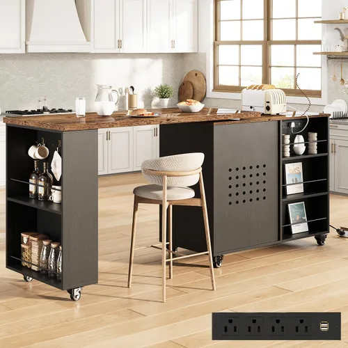 Miniatura 12 de HSH Isla de cocina rodante de 72 pulgadas con asiento, mesa giratoria de 360°, isla de cocina con gabinete de almacenamiento, cajón y estantes