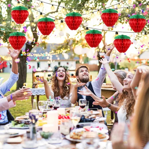 Miniatura 3 de Zonon 16 unidades de 6 pulgadas decoración de fiesta de fresas rojas bolas de panal de abeja de fresa roja, guirnalda de decoración colgante