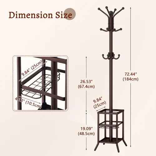 Miniatura 7 de FAVOOSTY Perchero independiente, soporte de perchero con portaparaguas, árbol de abrigos de metal con 12 ganchos, árbol de ropa y sombrero