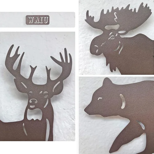 Miniatura 6 de Waiu Decoración de pared de metal, ciervo, oso y alce en el bosque de pinos, juego de 3 9.3 pulgadas, decoración rústica concisa para colgar