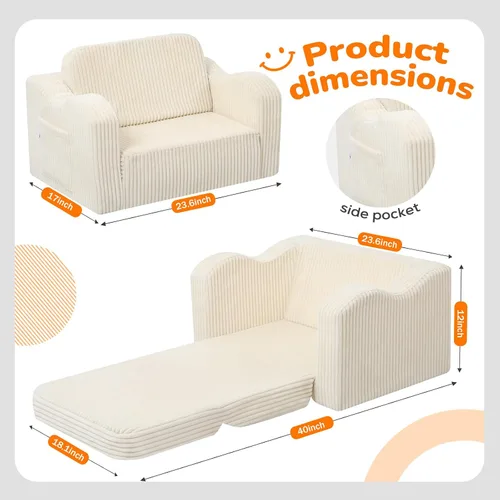 Miniatura 3 de MeMoreCool Silla Infantil 2 en 1, Sofá Cama Plegable para Niños, Beige (Edades 1-3) – Silla de Terciopelo que se Extiende a Sofá-Cama Espuma